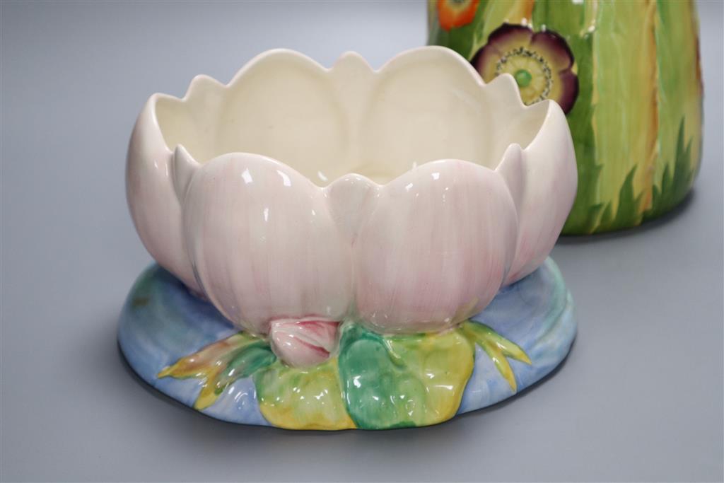 A Clarice Cliff Lilly Pad planter and a large Carltonware jug, 37cm